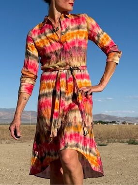 Zara LINEN Pink Orange Tan Cream Tie-Dye Long Sleeve Shirt Dress